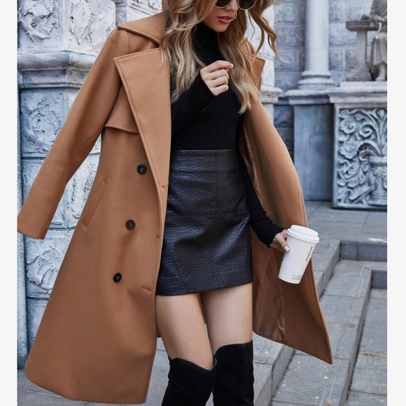 Double Breasted Button Trench Pea Coat Camel - Picture 7 of 7